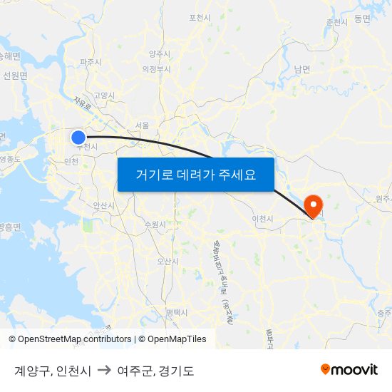 계양구, 인천시 to 여주군, 경기도 map