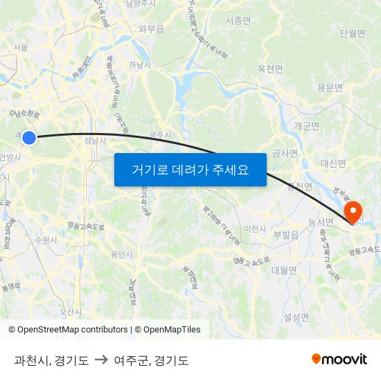 과천시, 경기도 to 여주군, 경기도 map