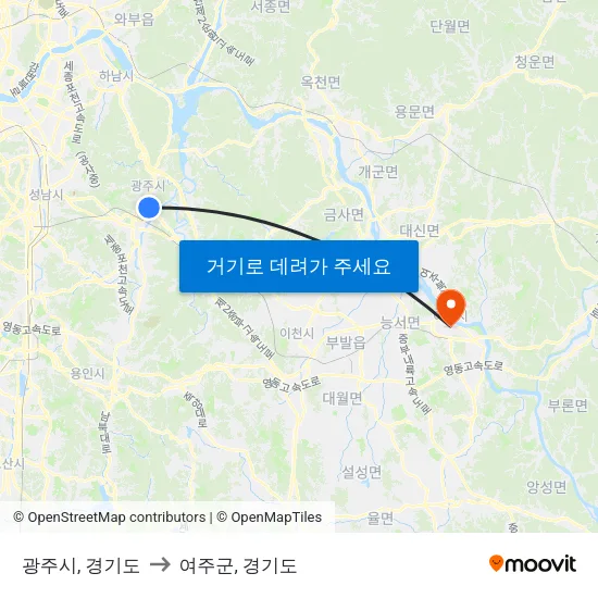 광주시, 경기도 to 여주군, 경기도 map