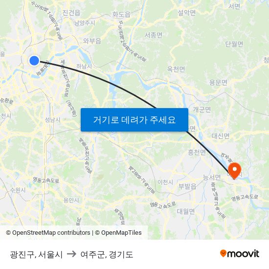 광진구, 서울시 to 여주군, 경기도 map