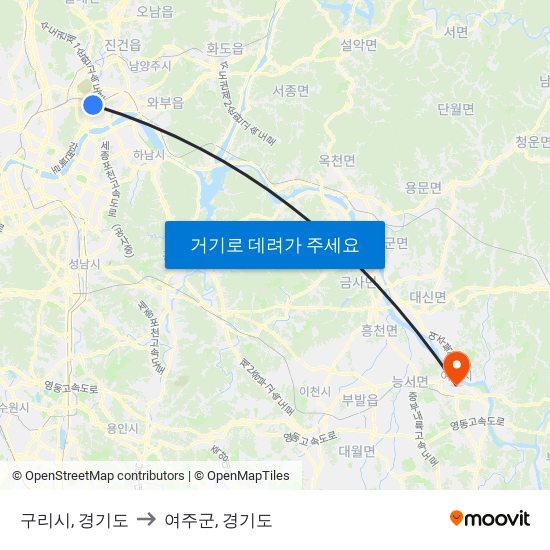 구리시, 경기도 to 여주군, 경기도 map