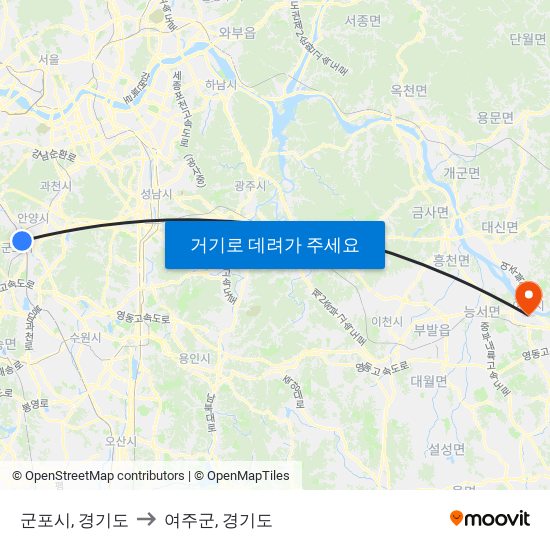 군포시, 경기도 to 여주군, 경기도 map