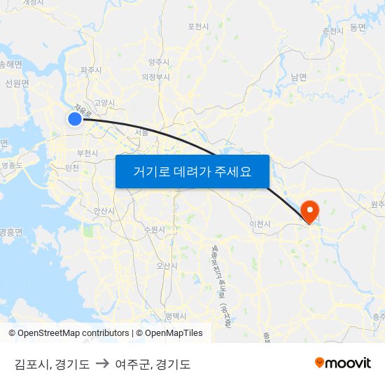 김포시, 경기도 to 여주군, 경기도 map