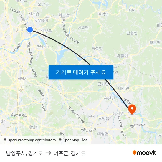 남양주시, 경기도 to 여주군, 경기도 map