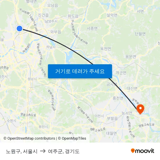 노원구, 서울시 to 여주군, 경기도 map
