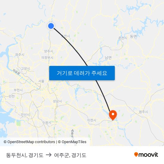 동두천시, 경기도 to 여주군, 경기도 map