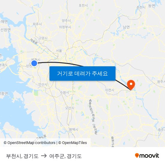 부천시, 경기도 to 여주군, 경기도 map