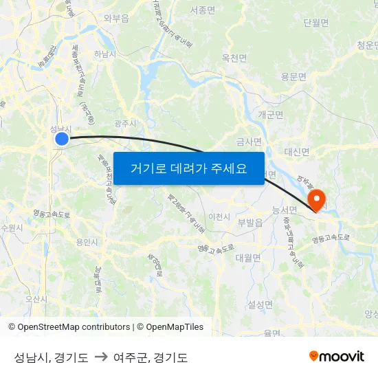 성남시, 경기도 to 여주군, 경기도 map