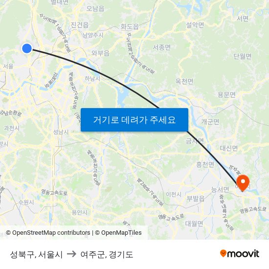 성북구, 서울시 to 여주군, 경기도 map