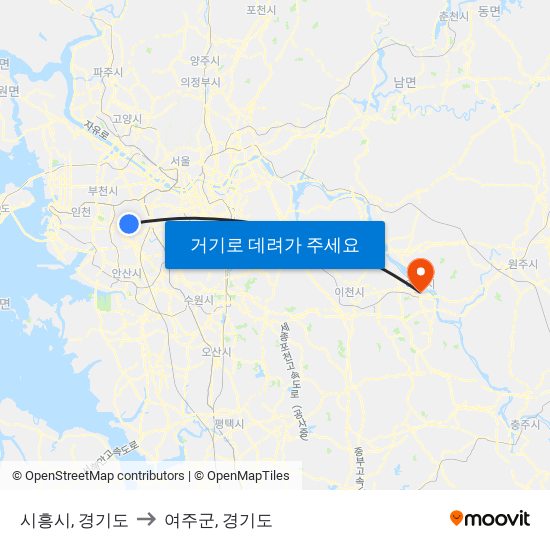 시흥시, 경기도 to 여주군, 경기도 map