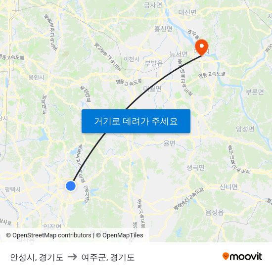 안성시, 경기도 to 여주군, 경기도 map