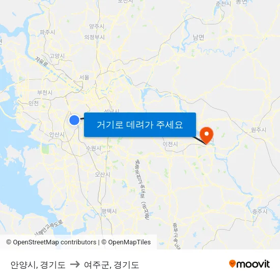 안양시, 경기도 to 여주군, 경기도 map