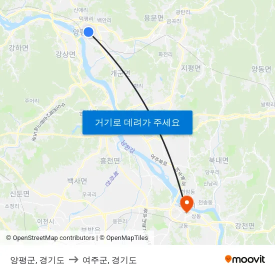 양평군, 경기도 to 여주군, 경기도 map