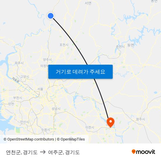 연천군, 경기도 to 여주군, 경기도 map