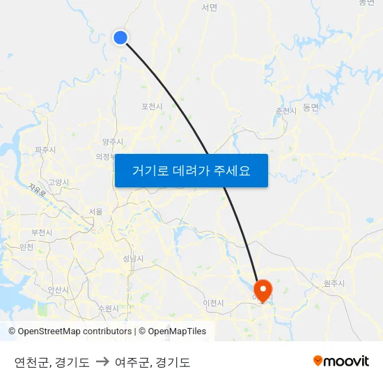 연천군, 경기도 to 여주군, 경기도 map