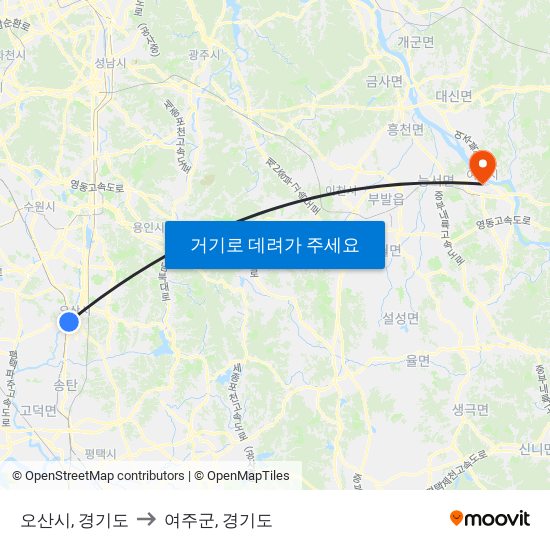 오산시, 경기도 to 여주군, 경기도 map