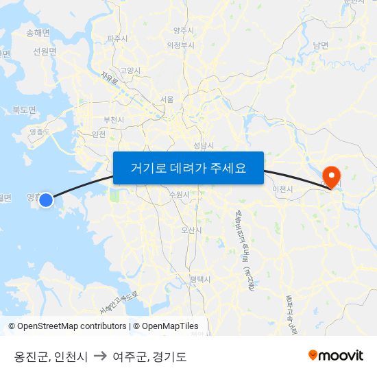 옹진군, 인천시 to 여주군, 경기도 map