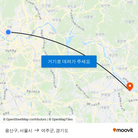 용산구, 서울시 to 여주군, 경기도 map