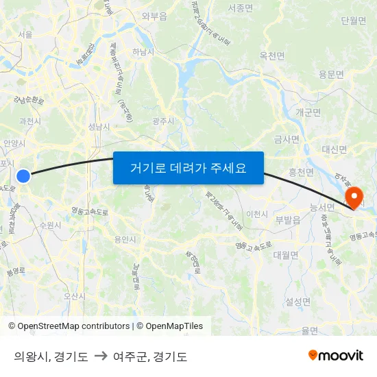의왕시, 경기도 to 여주군, 경기도 map
