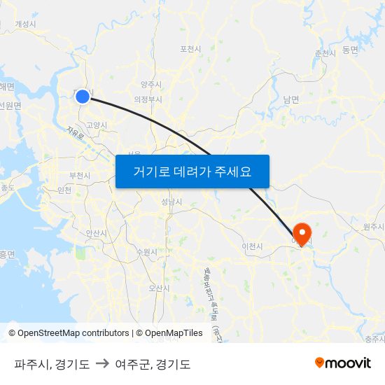 파주시, 경기도 to 여주군, 경기도 map