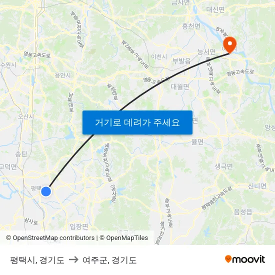 평택시, 경기도 to 여주군, 경기도 map