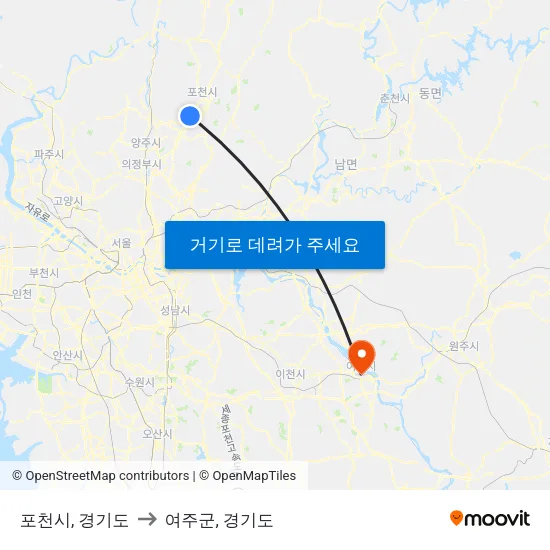 포천시, 경기도 to 여주군, 경기도 map