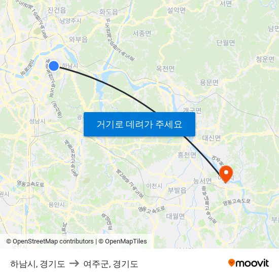 하남시, 경기도 to 여주군, 경기도 map