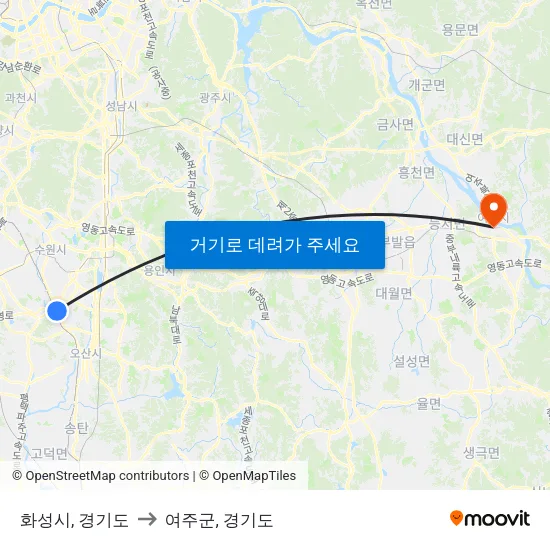 화성시, 경기도 to 여주군, 경기도 map