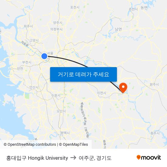 홍대입구 Hongik University to 여주군, 경기도 map