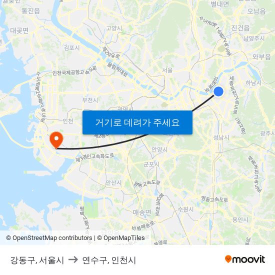 강동구, 서울시 to 연수구, 인천시 map