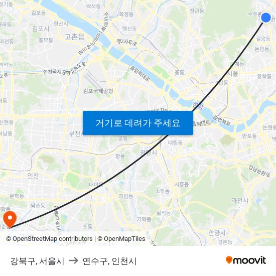 강북구, 서울시 to 연수구, 인천시 map