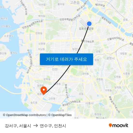 강서구, 서울시 to 연수구, 인천시 map