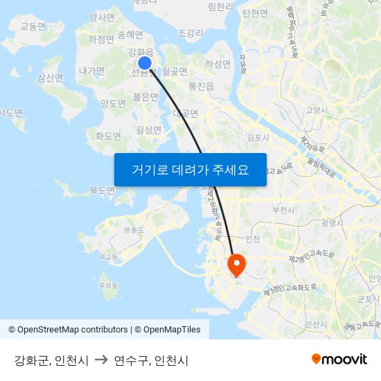 강화군, 인천시 to 연수구, 인천시 map