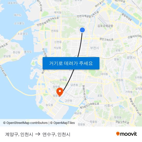 계양구, 인천시 to 연수구, 인천시 map