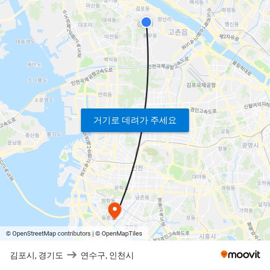 김포시, 경기도 to 연수구, 인천시 map