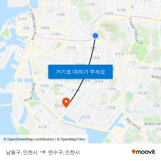 남동구, 인천시 to 연수구, 인천시 map