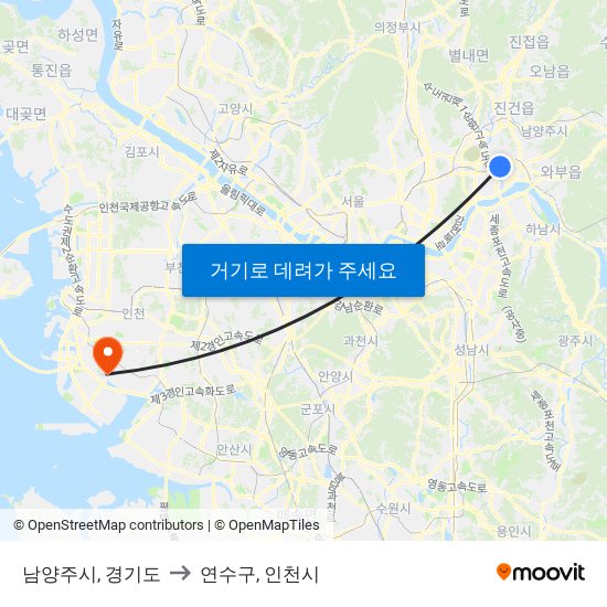 남양주시, 경기도 to 연수구, 인천시 map