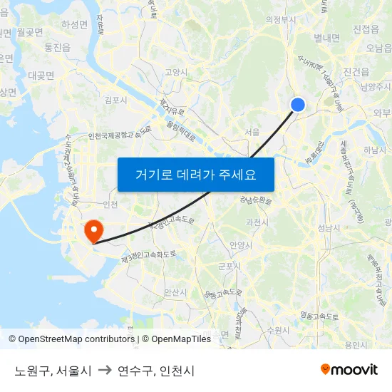 노원구, 서울시 to 연수구, 인천시 map