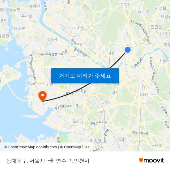 동대문구, 서울시 to 연수구, 인천시 map