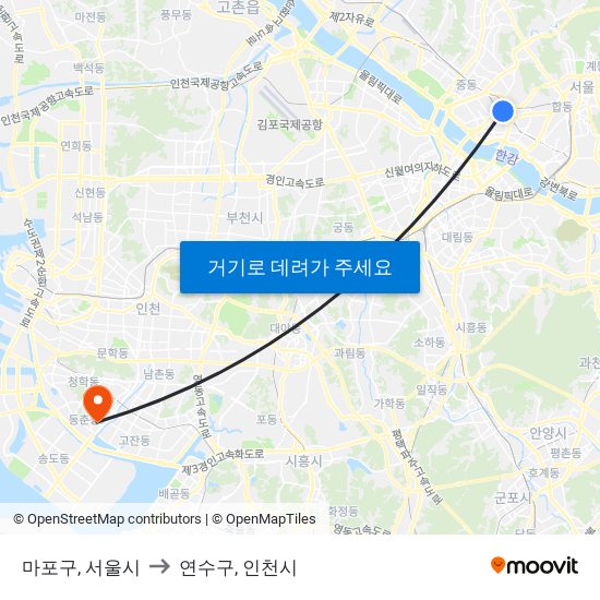 마포구, 서울시 to 연수구, 인천시 map