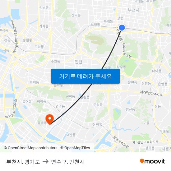 부천시, 경기도 to 연수구, 인천시 map