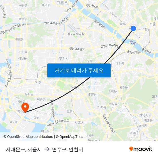 서대문구, 서울시 to 연수구, 인천시 map