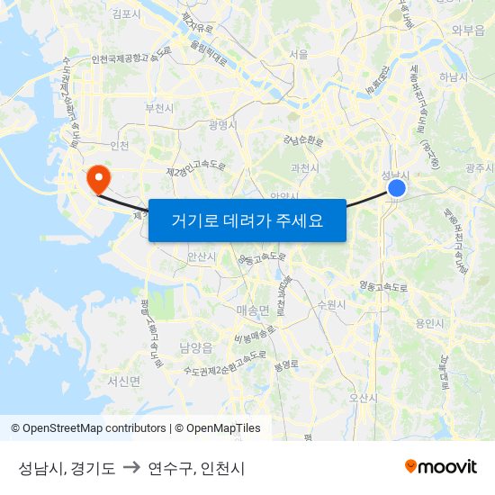 성남시, 경기도 to 연수구, 인천시 map