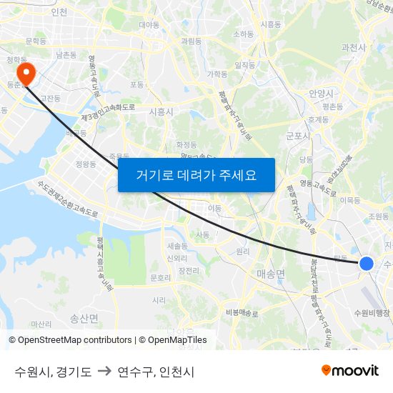 수원시, 경기도 to 연수구, 인천시 map