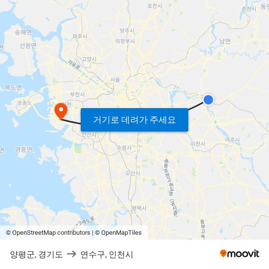 양평군, 경기도 to 연수구, 인천시 map
