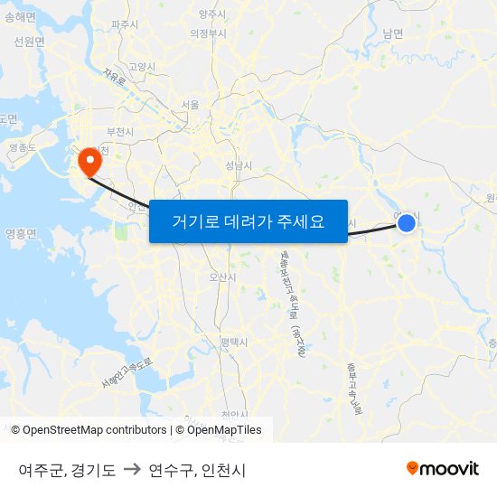 여주군, 경기도 to 연수구, 인천시 map