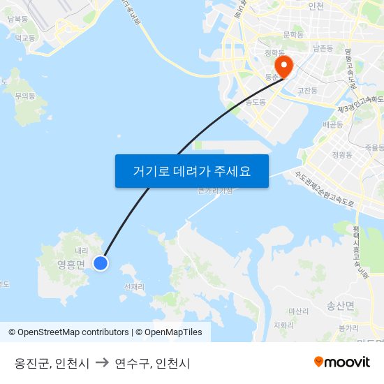 옹진군, 인천시 to 연수구, 인천시 map