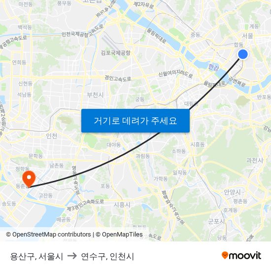 용산구, 서울시 to 연수구, 인천시 map
