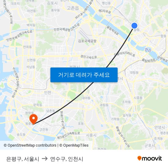 은평구, 서울시 to 연수구, 인천시 map