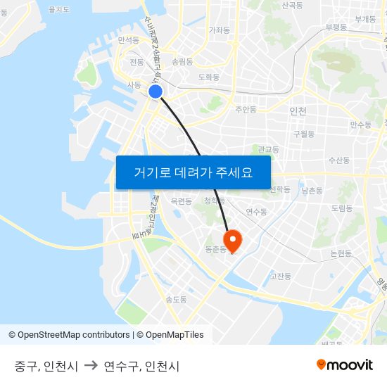 중구, 인천시 to 연수구, 인천시 map